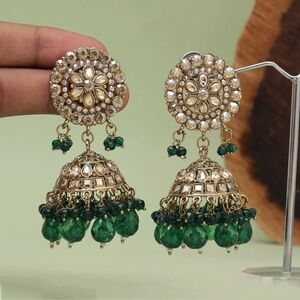 Dark Green Color Kundan Earrings